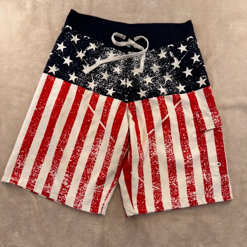 Calhoun American Flag Board Shorts‎ Patriotic Stars Stripes Beach Summer Surf M